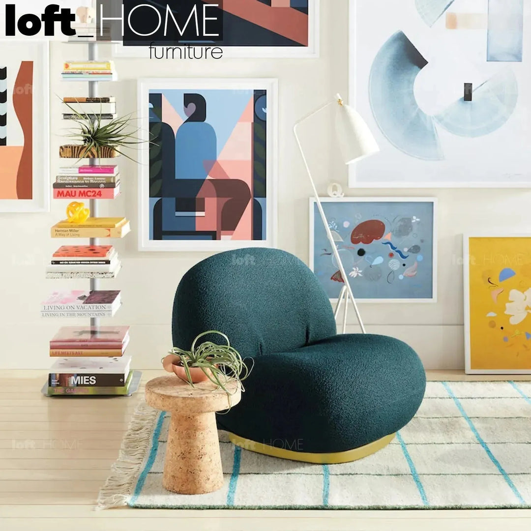 Cream teddy fabric 1 seater sofa pacha in still life.