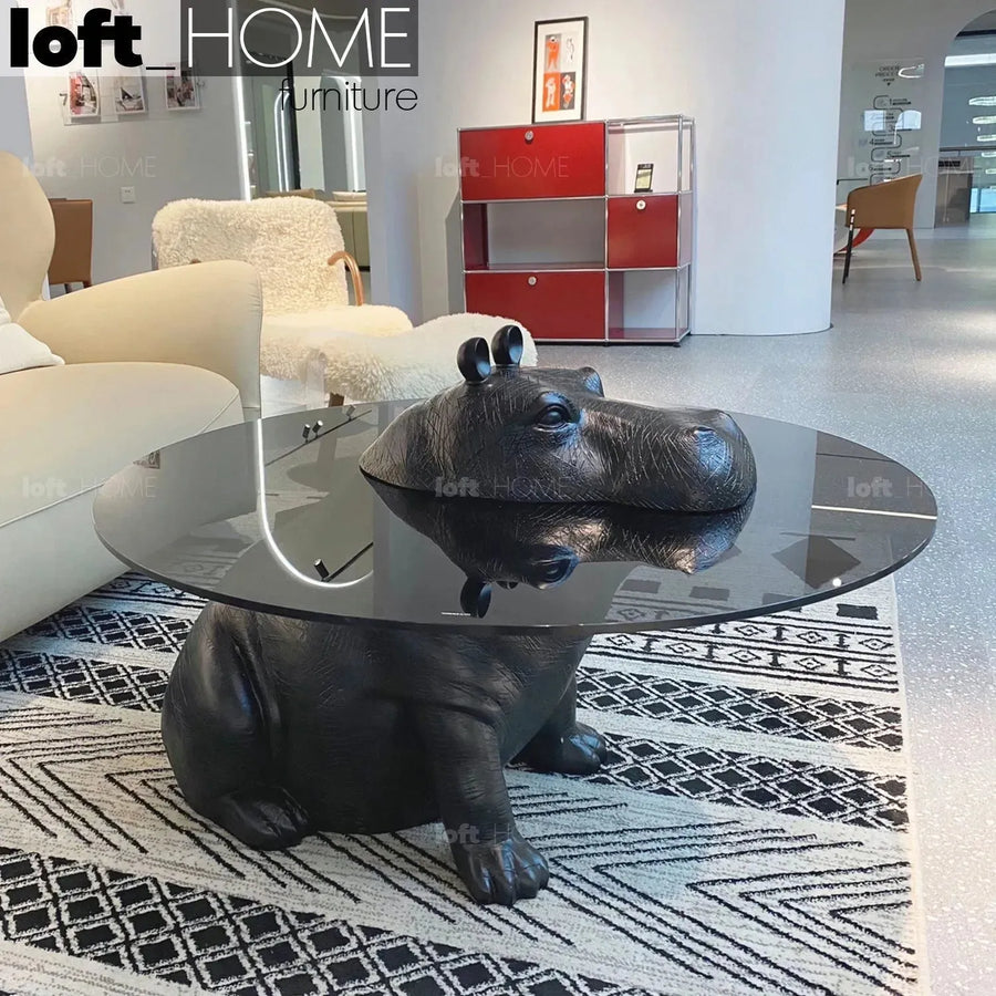 Contemporary tempered glass coffee table hippo primary product view.