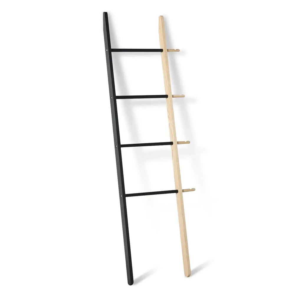 Modern wood tower ladder cloth hanger gonn in white background.