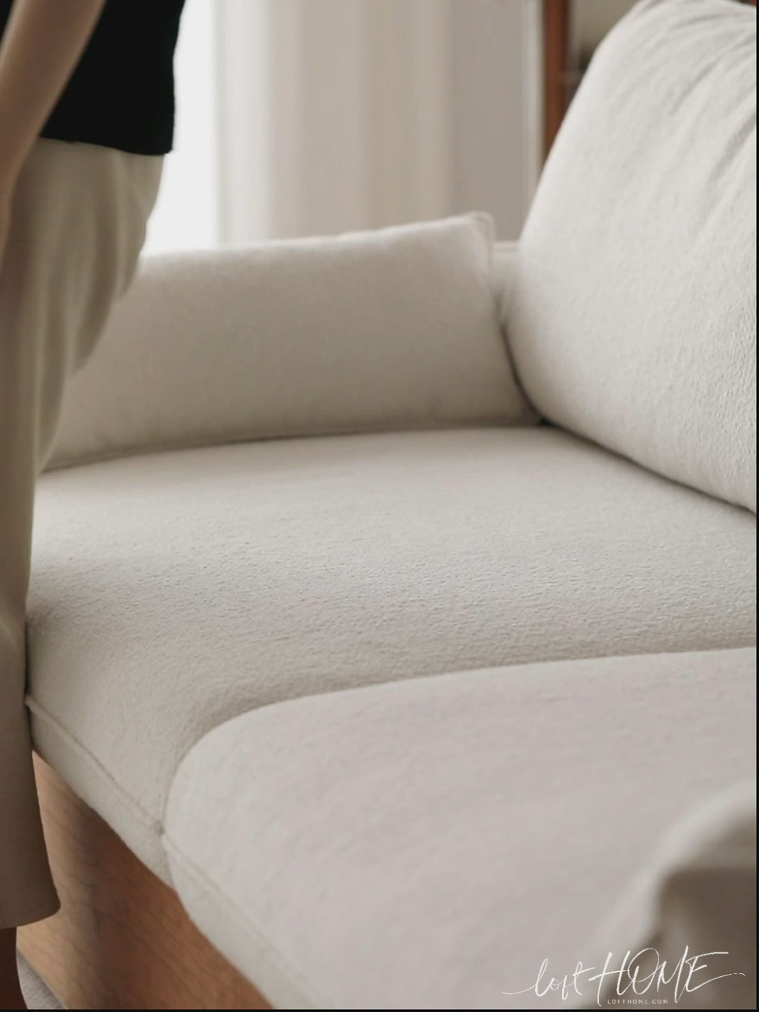 Japandi boucle fabric pine wood storage 2 seater sofa kangaroo detail 28.