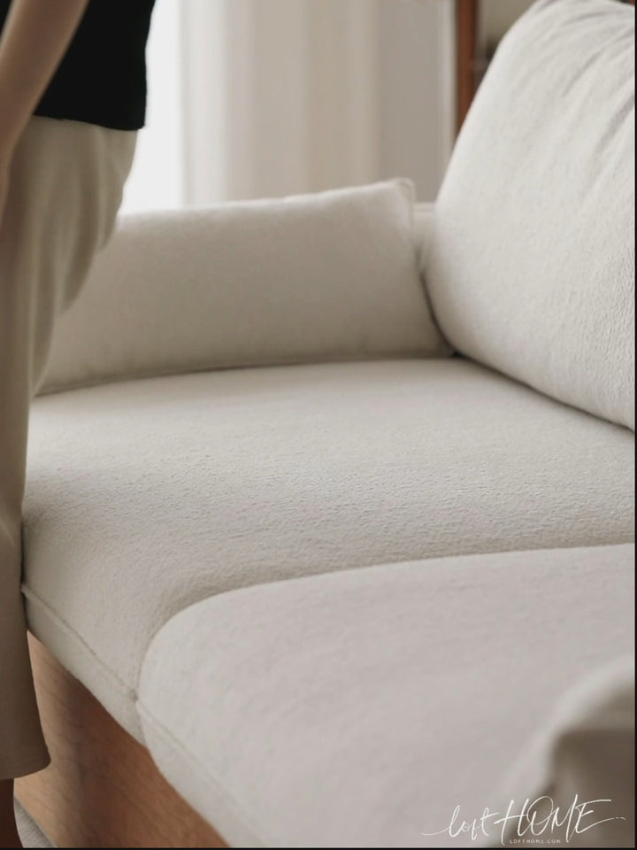 Japandi boucle fabric pine wood storage 2 seater sofa kangaroo detail 28.