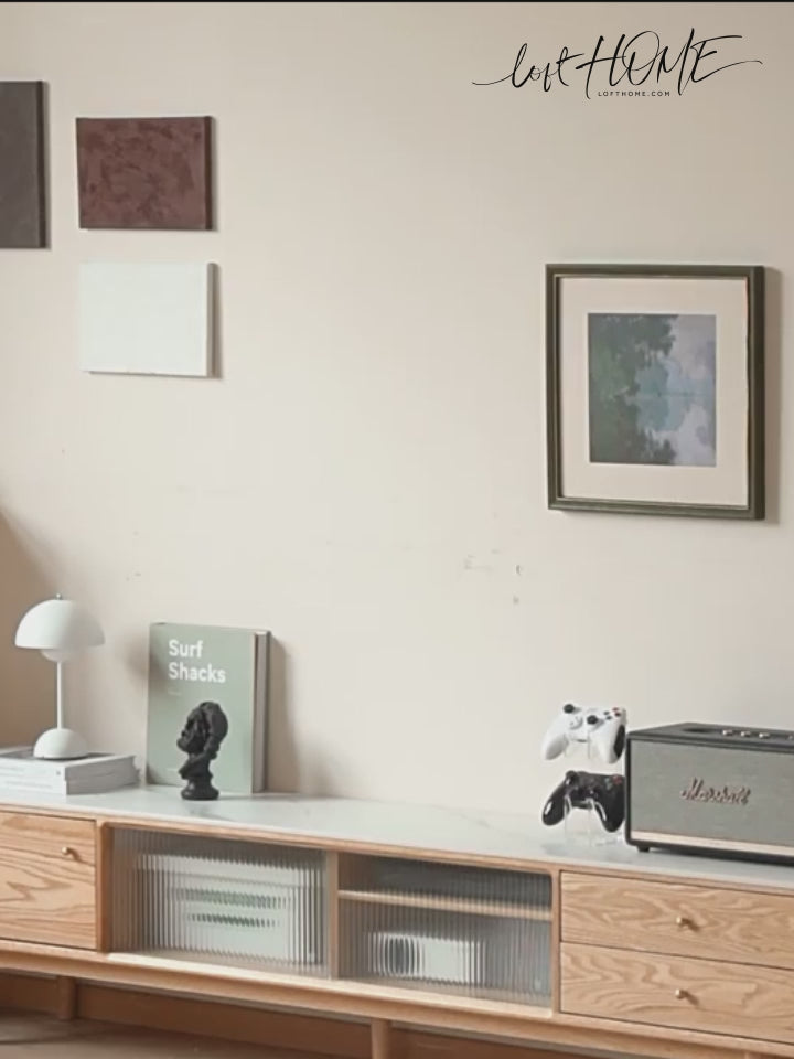 Scandinavian oak wood sintered stone tv console beam detail 5.