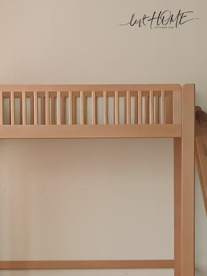 Scandinavian beech wood kids bunk bed with staircase lofty conceptual design.