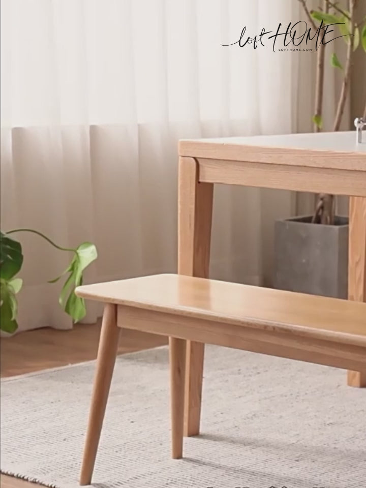 Scandinavian oak wood dining bench with cushion sereno layered structure.