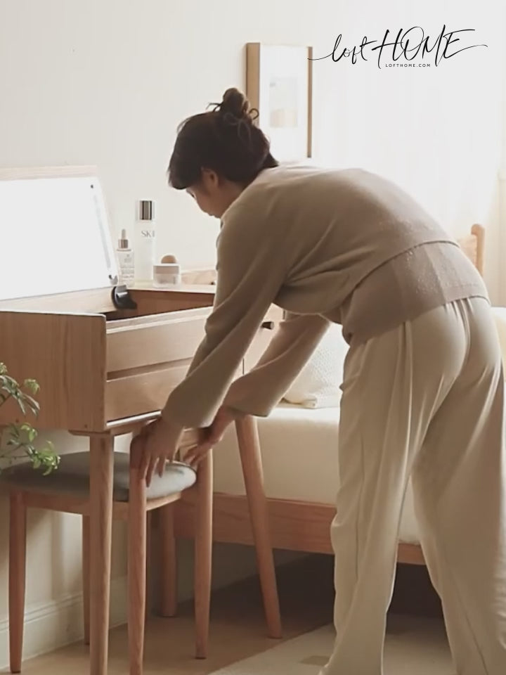 Scandinavian oak wood mixed weave fabric dressing chair loop detail 4.