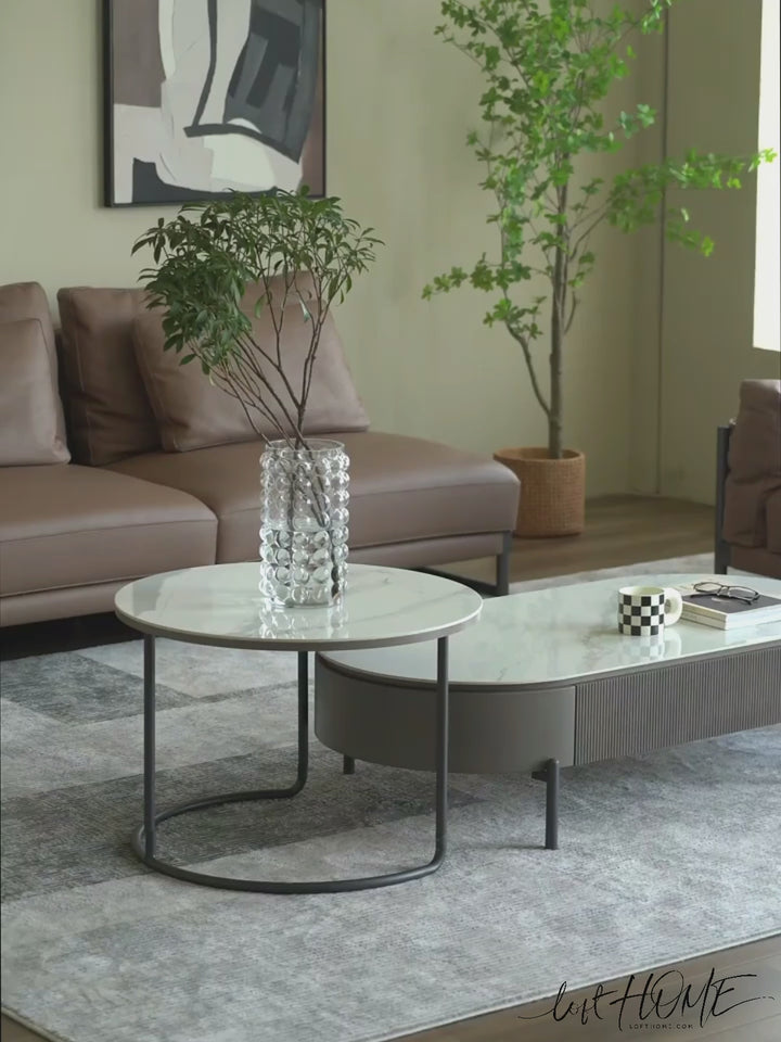 Modern sintered stone coffee table rosa layered structure.