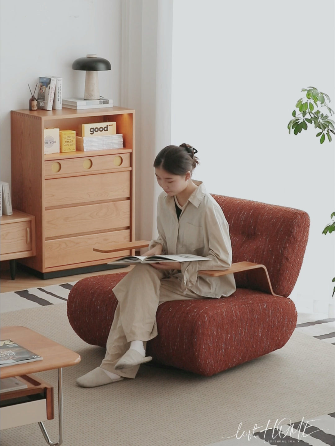 Modern mixed weave fabric revolving 1 seater sofa benny detail 7.