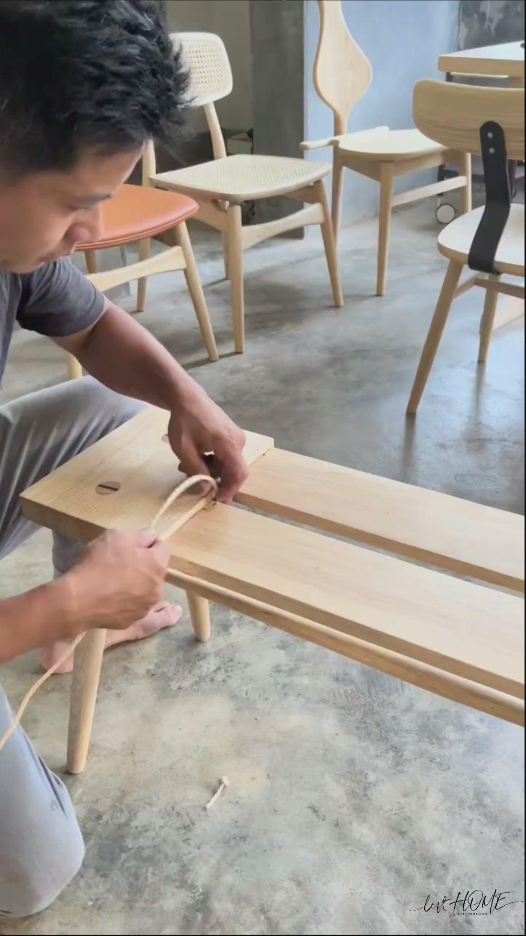 Japandi wood woven rope dining bench woven detail 18.