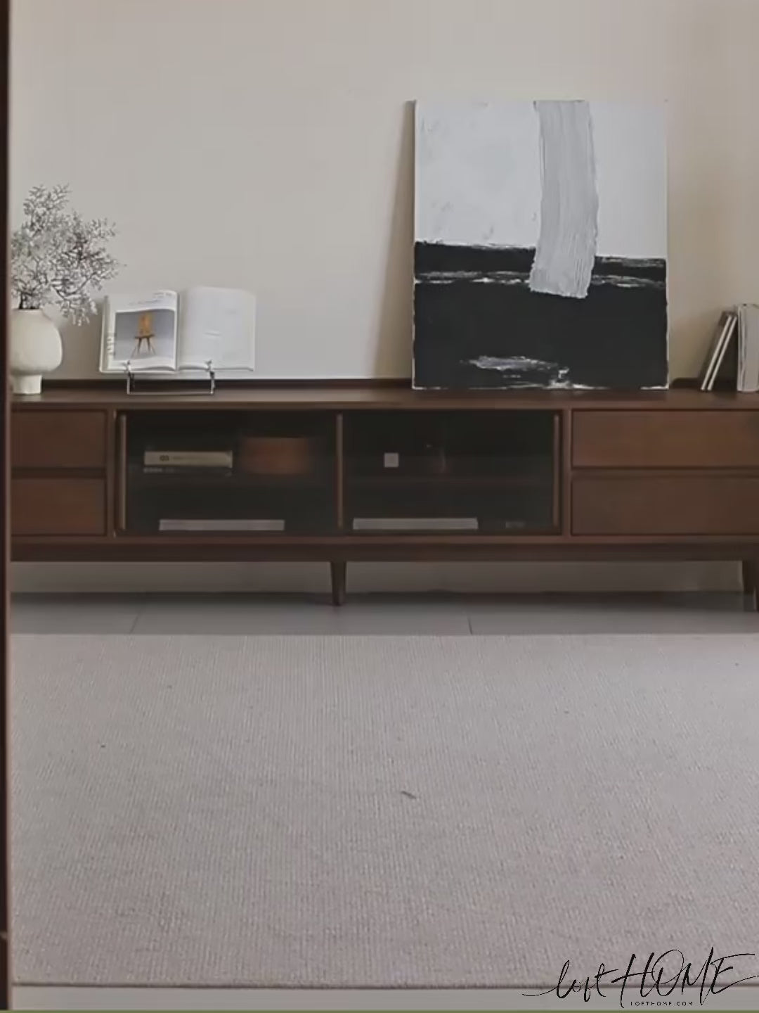 Japandi walnut wood tv console vista color swatches.