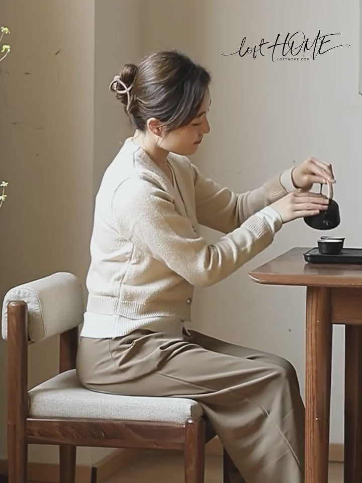 Scandinavian oak wood mixed weave fabric dining chair pillar detail 5.