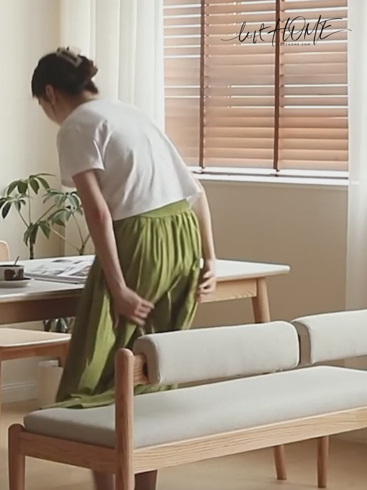 Scandinavian oak wood mixed weave fabric dining bench pillar detail 11.