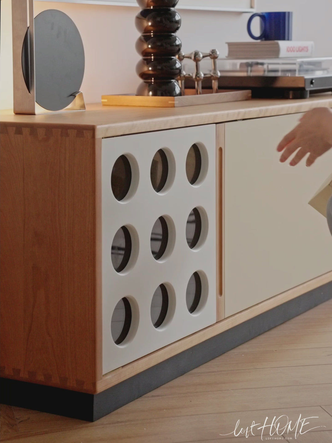 Scandinavian cherry wood sliding door tv console timeless detail 2.