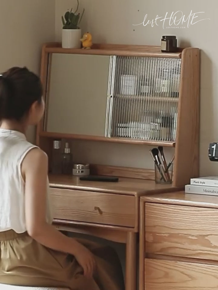 Scandinavian oak wood moru glass dressing table with mirror gleam detail 7.