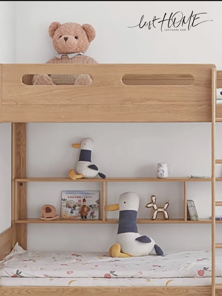 Scandinavian oak wood kids bunk bed with wall shelf hive detail 5.