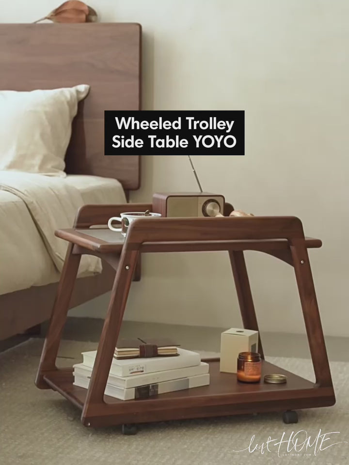 Japandi walnut wood wheeled trolley side table yoyo color swatches.