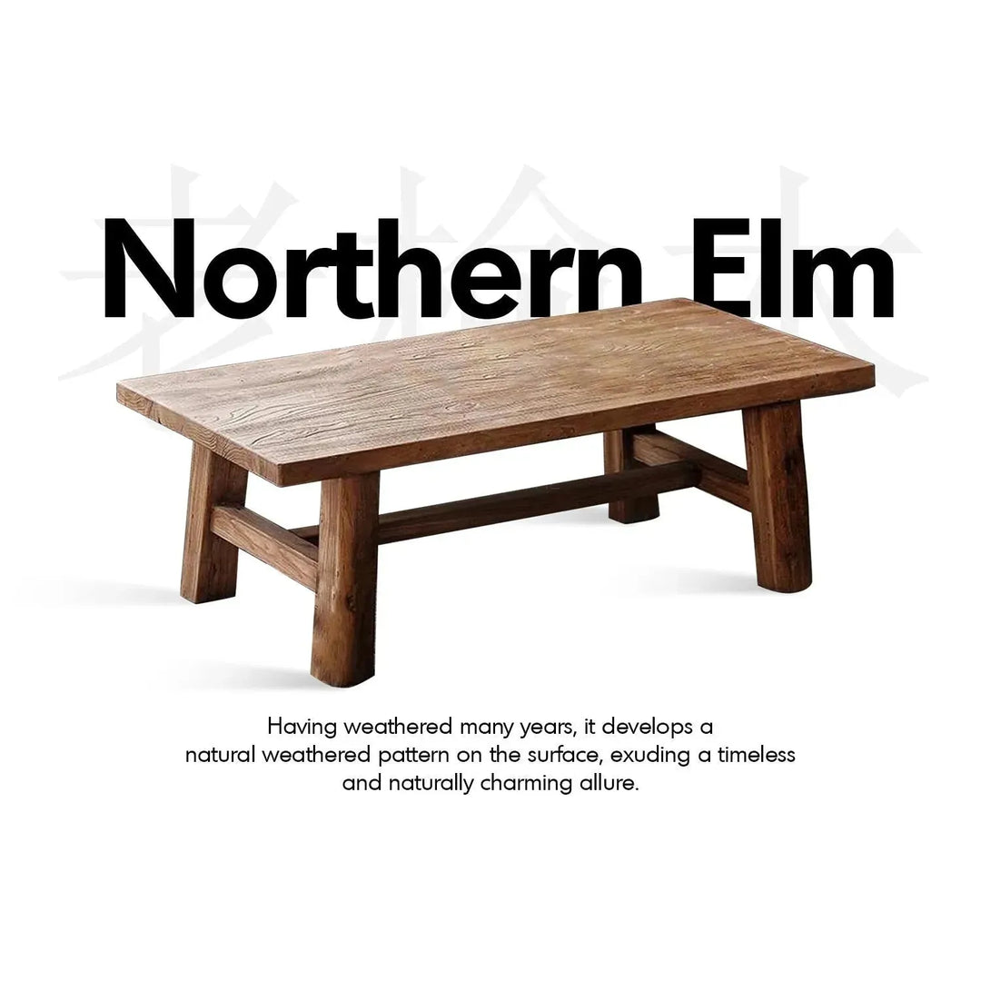 Rustic elm wood coffee table northern elm in panoramic view.