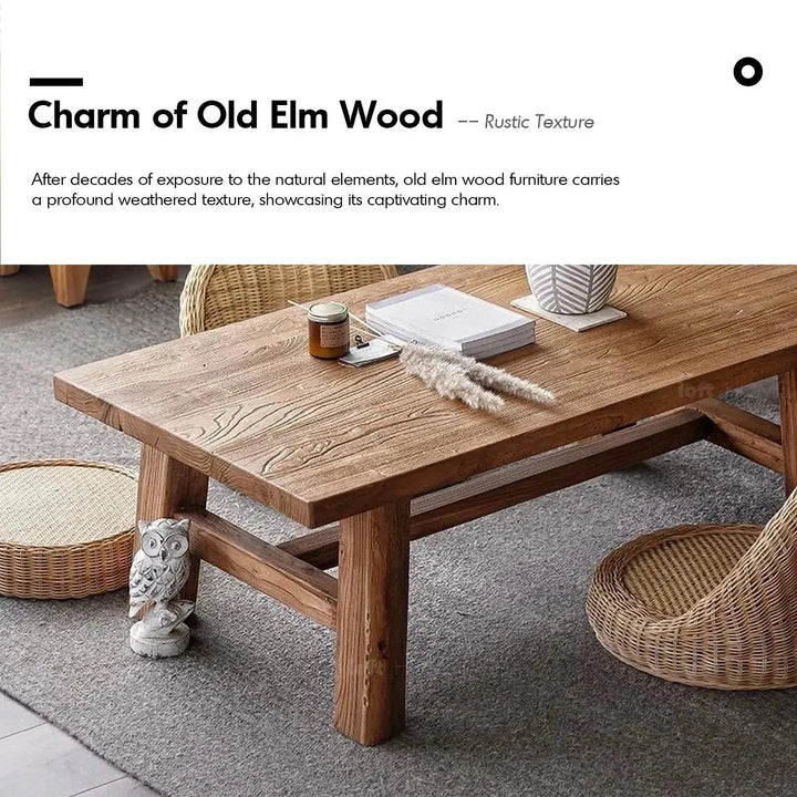 Rustic elm wood coffee table northern elm in close up details.