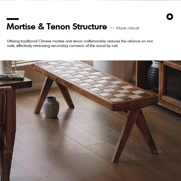 Rustic elm wood dining bench chess elm in panoramic view.