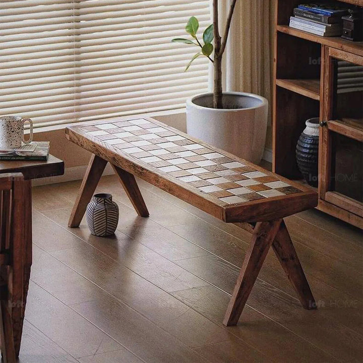 Rustic elm wood dining bench chess elm color swatches.