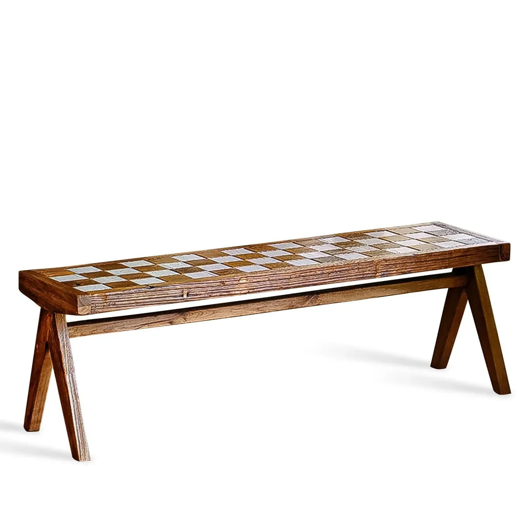 Rustic elm wood dining bench chess elm in white background.