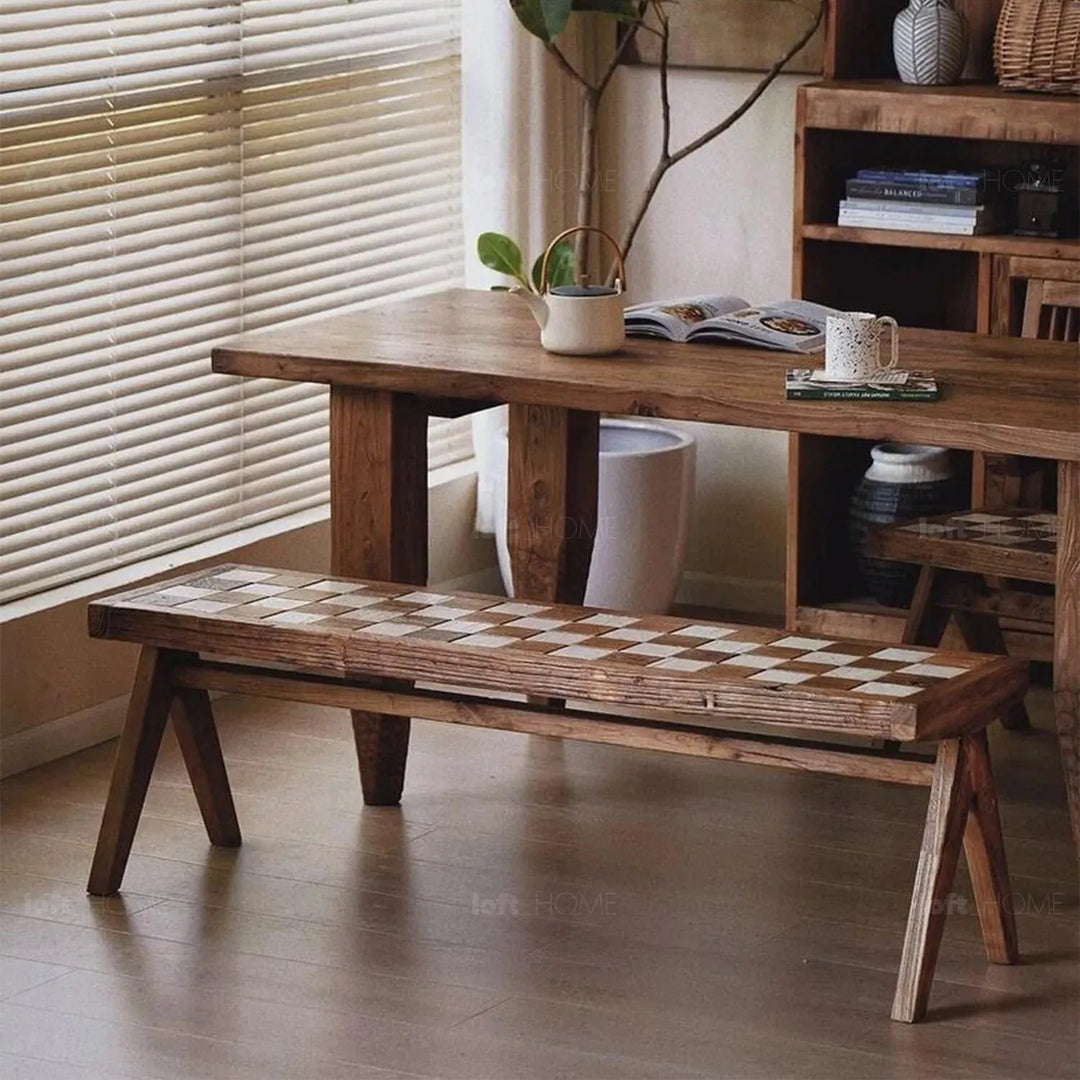 Rustic elm wood dining bench chess elm in real life style.