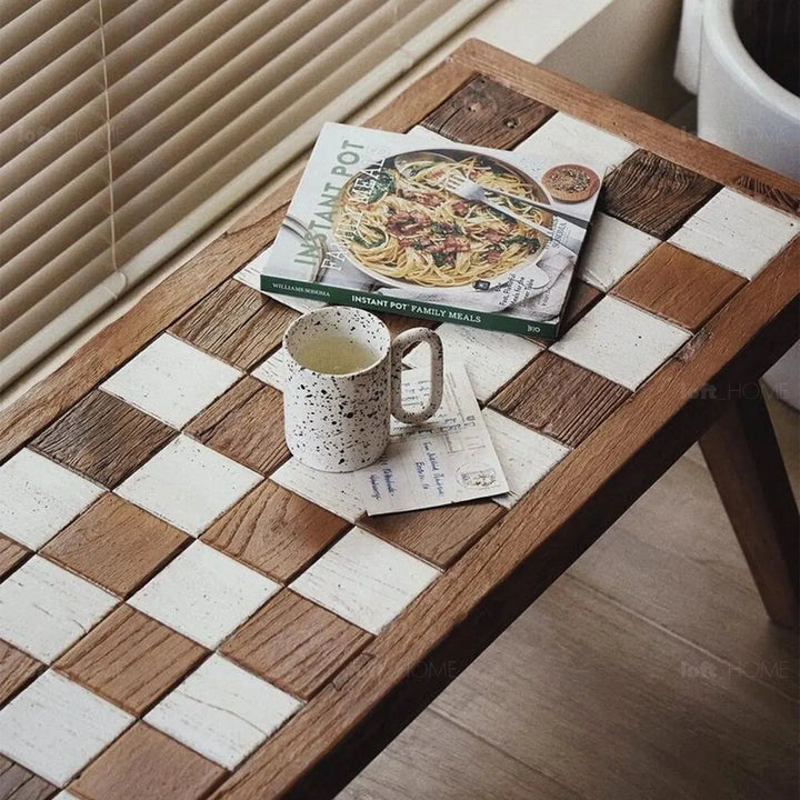 Rustic elm wood dining bench chess elm material variants.