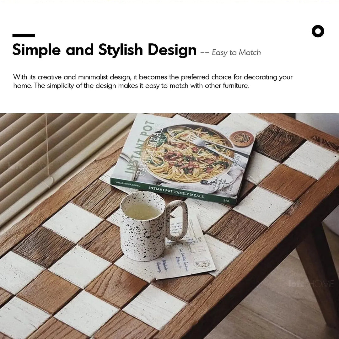 Rustic elm wood dining bench chess elm with context.