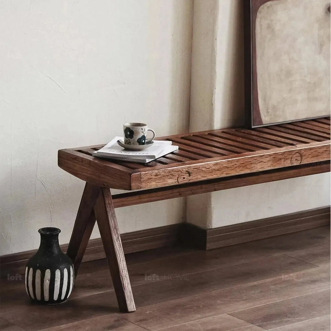 Rustic elm wood dining bench shadow elm in details.