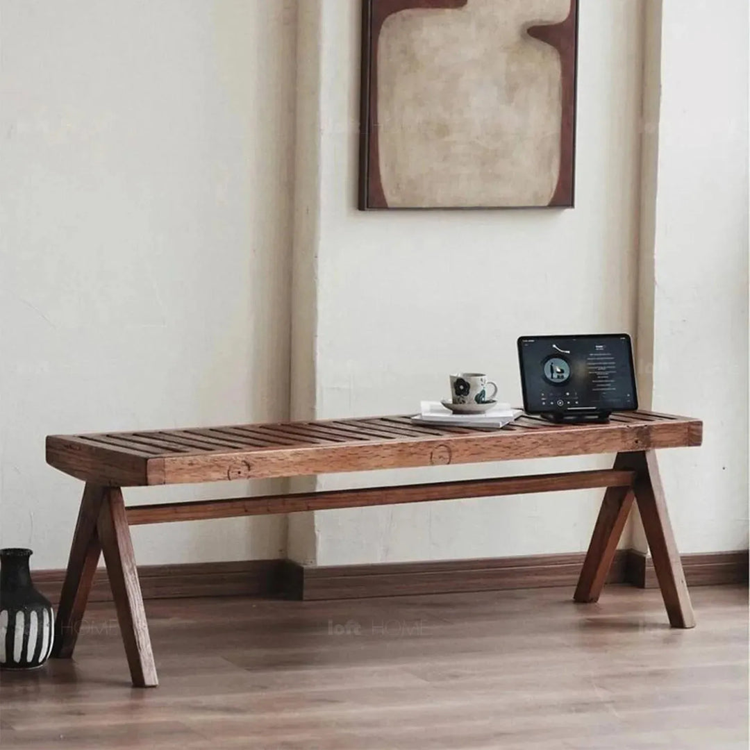 Rustic elm wood dining bench shadow elm color swatches.