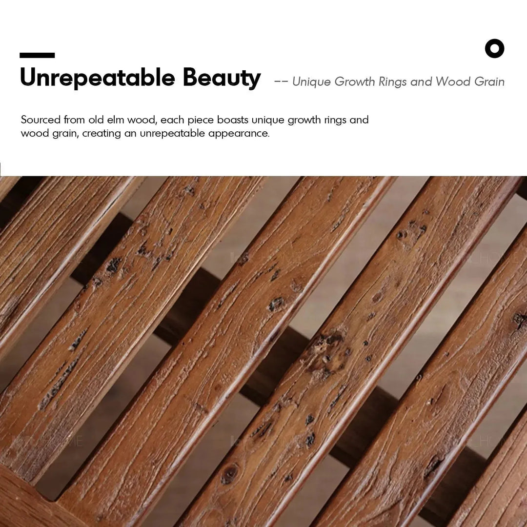 Rustic elm wood dining bench shadow elm in still life.