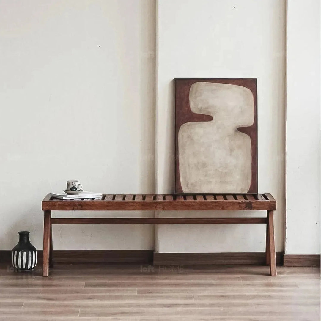 Rustic elm wood dining bench shadow elm in panoramic view.