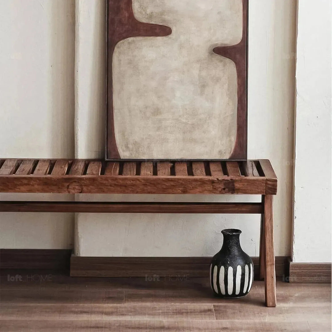 Rustic elm wood dining bench shadow elm with context.