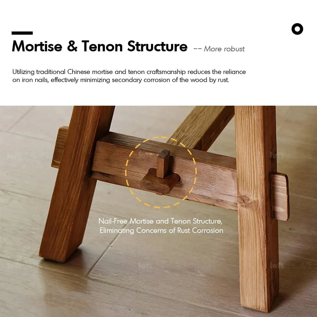 Rustic elm wood dining bench stone elm in panoramic view.