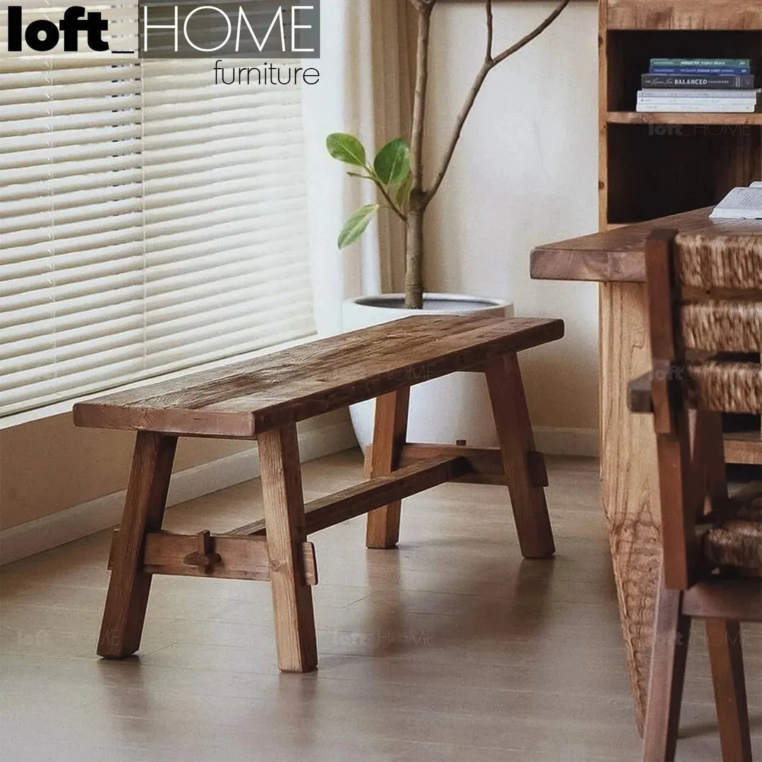 Rustic elm wood dining bench stone elm primary product view.