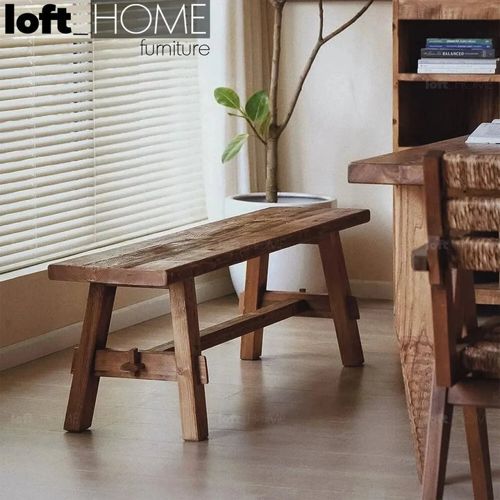 Rustic elm wood dining bench stone elm primary product view.