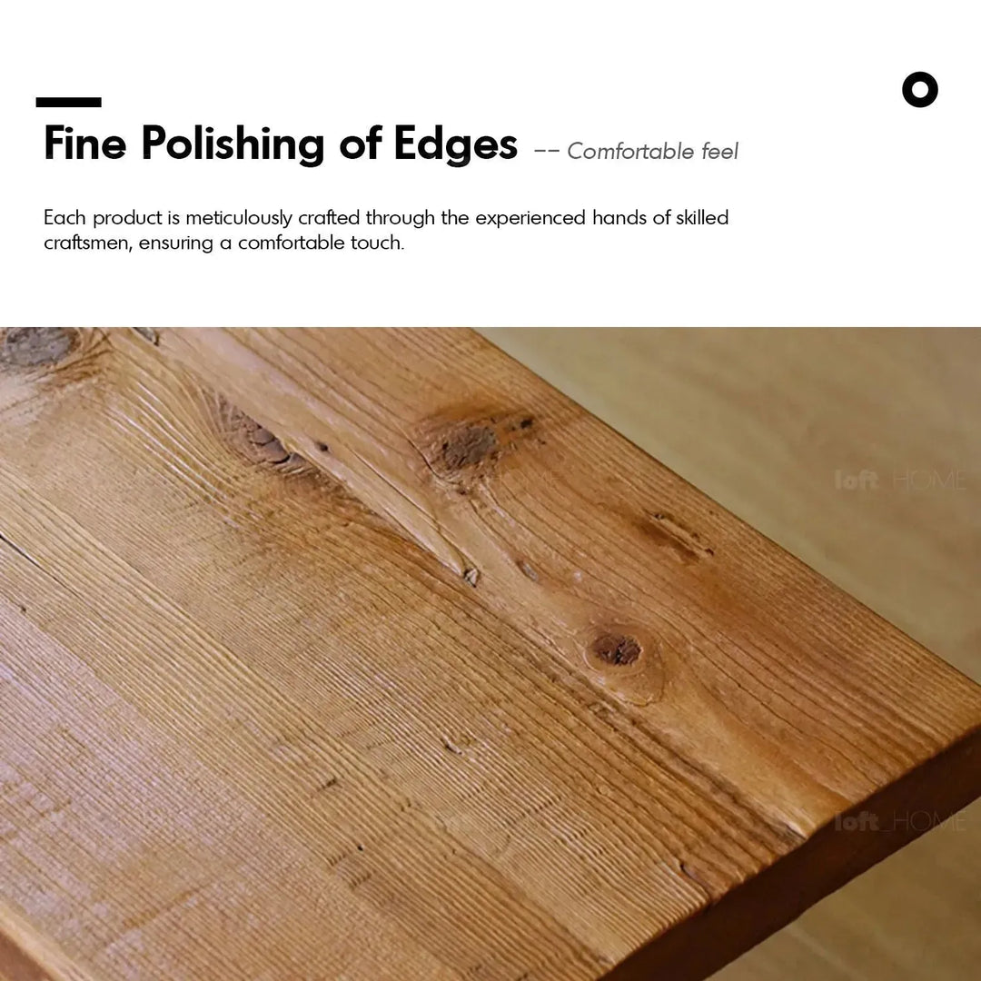 Rustic elm wood dining bench stone elm in close up details.