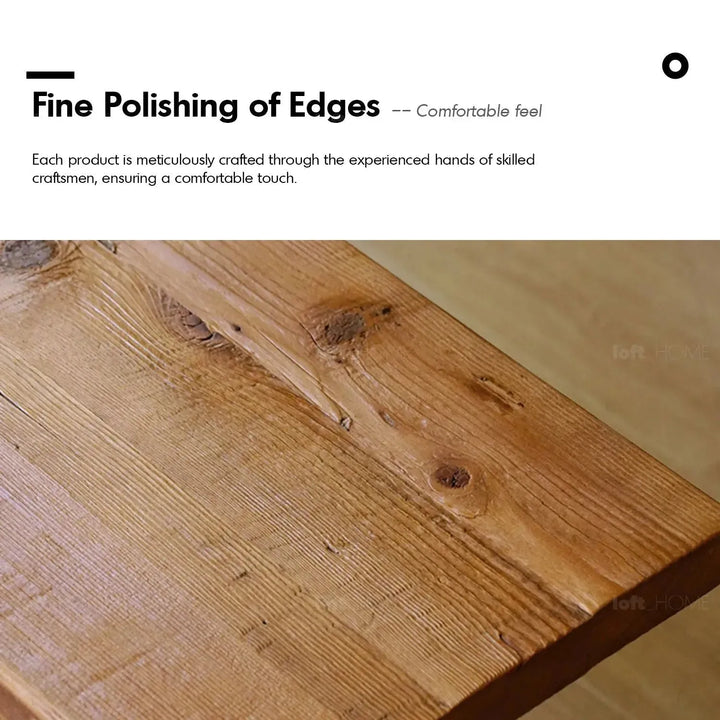 Rustic elm wood dining bench stone elm in close up details.