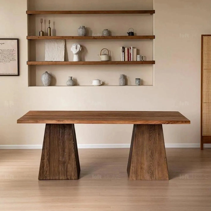 Rustic elm wood dining table balance elm color swatches.