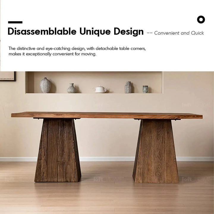 Rustic elm wood dining table balance elm in panoramic view.