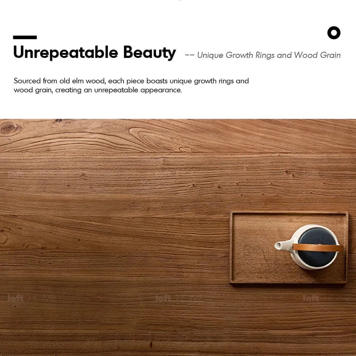 Rustic elm wood dining table craft elm in panoramic view.