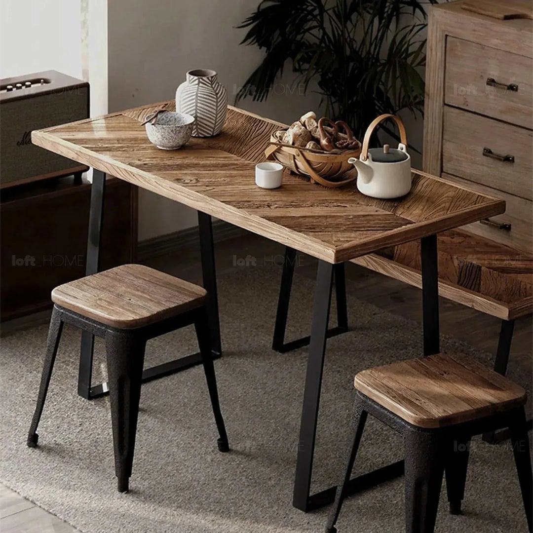 Rustic elm wood dining table fishbone elm material variants.