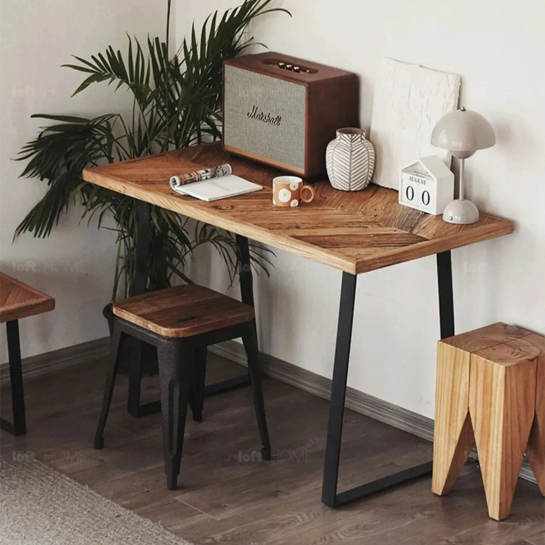 Rustic elm wood dining table fishbone elm in real life style.