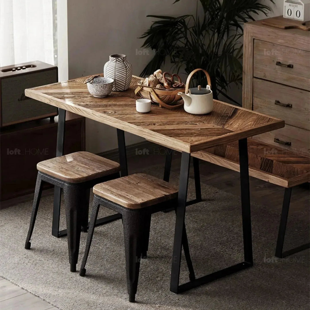 Rustic elm wood dining table fishbone elm in details.