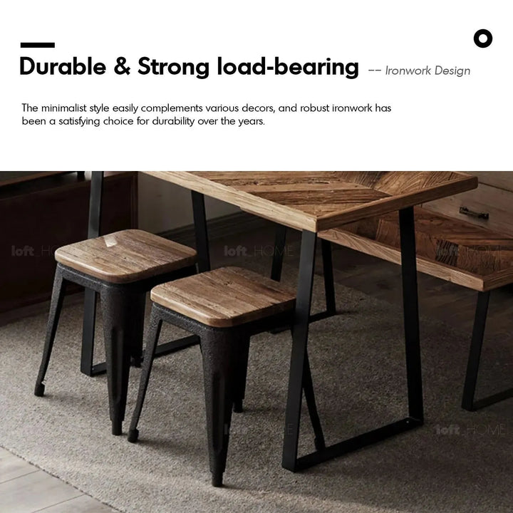 Rustic elm wood dining table fishbone elm in panoramic view.