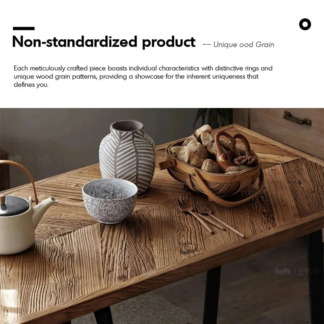 Rustic elm wood dining table fishbone elm in still life.