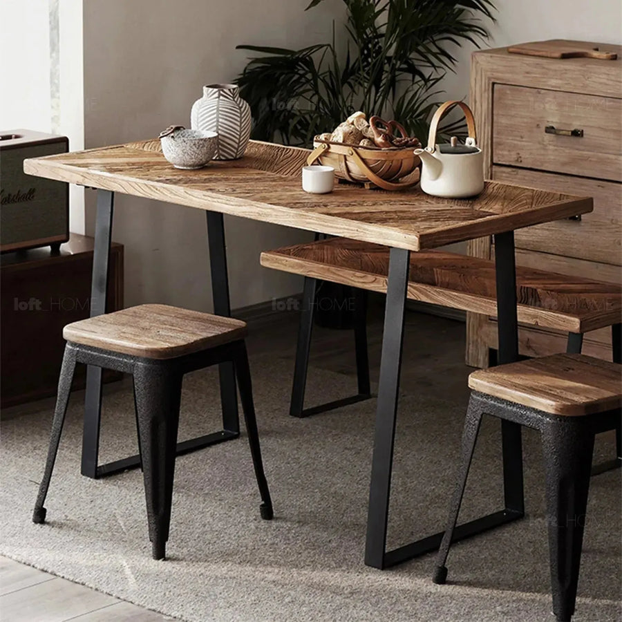 Rustic elm wood dining table fishbone elm primary product view.