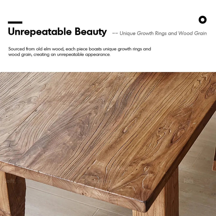 Rustic elm wood dining table kirin elm in panoramic view.