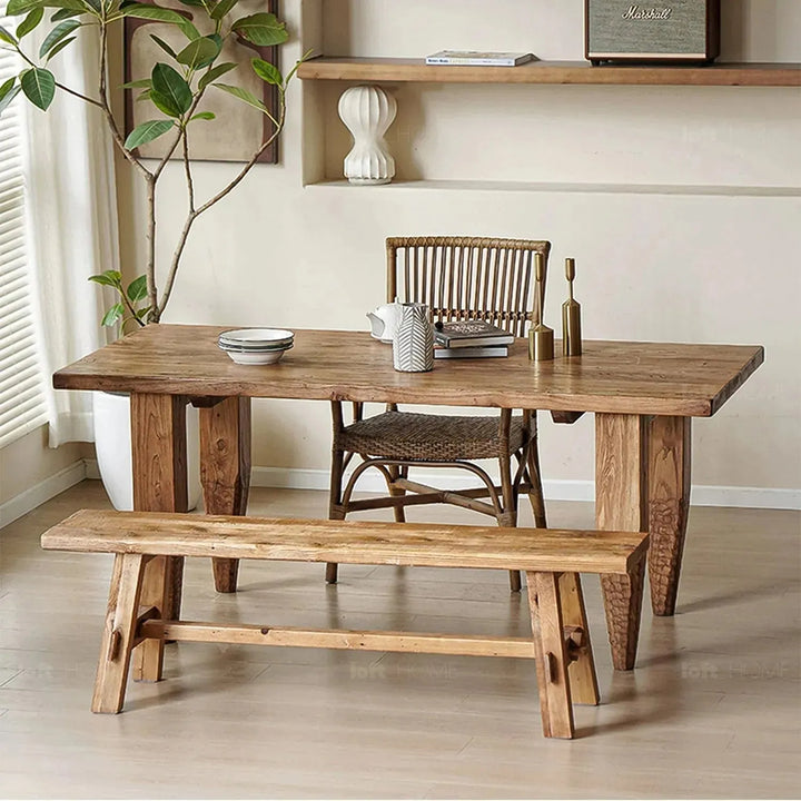 Rustic elm wood dining table kirin elm in close up details.