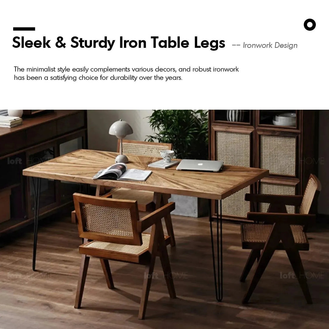 Rustic elm wood dining table ordinary elm in panoramic view.