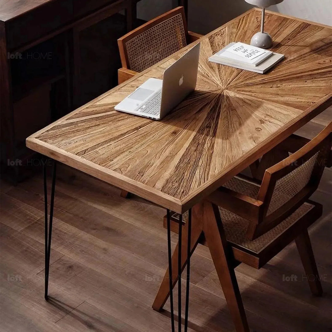 Rustic elm wood dining table ordinary elm in close up details.